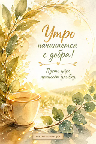 Чашка кофе и осенние листья на светлом столе, надпись «Утро начинается с добра», акварель