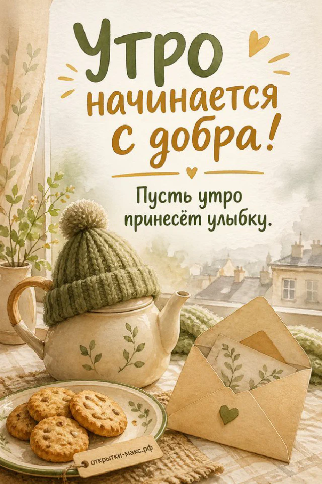 Чашка кофе и осенние листья на светлом столе, надпись «Утро начинается с добра», акварель — вариант 2