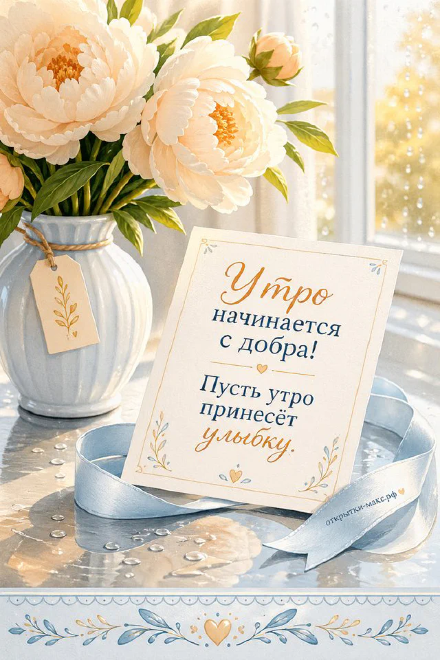 Чашка кофе и осенние листья на светлом столе, надпись «Утро начинается с добра», акварель — вариант 3