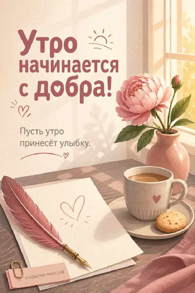 Чашка кофе и осенние листья на светлом столе, надпись «Утро начинается с добра», акварель — вариант 4