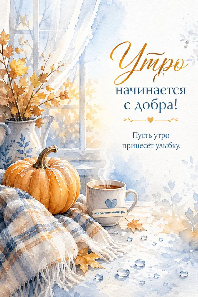 Чашка кофе и осенние листья на светлом столе, надпись «Утро начинается с добра», акварель — вариант 5