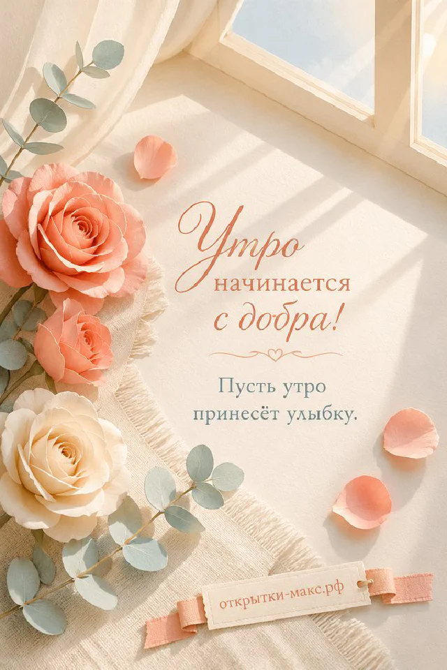 Чашка кофе и осенние листья на светлом столе, надпись «Утро начинается с добра», акварель — вариант 6