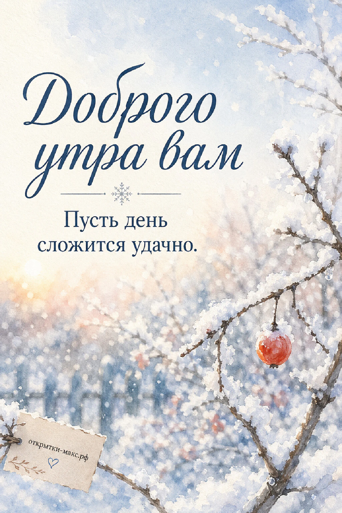 Акварельные заснеженные ветки деревьев в белом инее с одинокой красной ягодой на фоне голубого зимнего рассвета