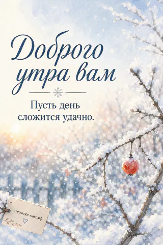Акварельные заснеженные ветки деревьев в белом инее с одинокой красной ягодой на фоне голубого зимнего рассвета