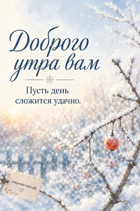 Акварельные заснеженные ветки деревьев в белом инее с одинокой красной ягодой на фоне голубого зимнего рассвета
