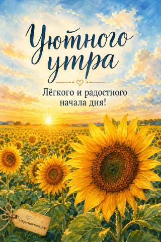 Акварельное поле подсолнухов с крупными жёлтыми цветами на переднем плане на фоне рассветного неба с солнцем у горизонта