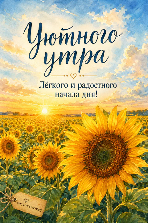 Акварельное поле подсолнухов с крупными жёлтыми цветами на переднем плане на фоне рассветного неба с солнцем у горизонта