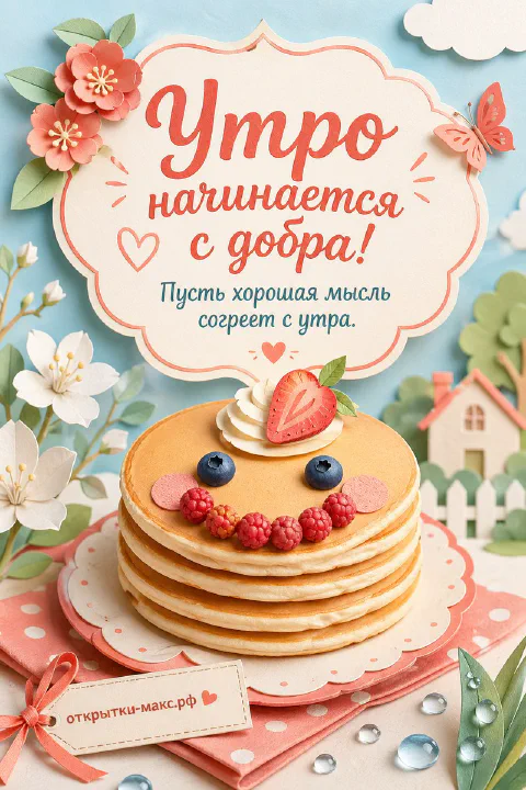 Стопка румяных блинчиков с клубникой, малиной и черникой на тарелке на фоне цветов и домика в стиле аппликации