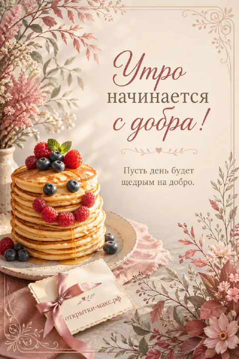 Стопка блинов с рожицей из ягод, розовый подарок и полевые цветы в пастельной рамке, открытка утро начинается с добра