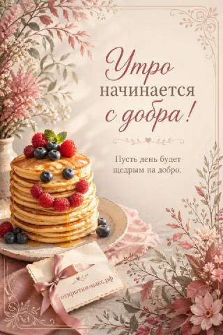 Стопка блинов с рожицей из ягод, розовый подарок и полевые цветы в пастельной рамке, открытка утро начинается с добра