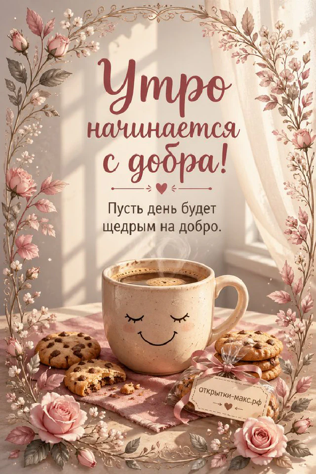 Стопка блинов с рожицей из ягод, розовый подарок и полевые цветы в пастельной рамке, открытка утро начинается с добра — вариант 2
