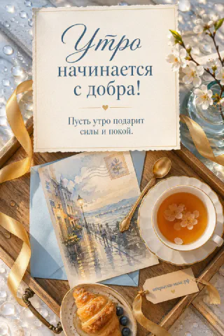 Деревянный поднос с чашкой чая с цветами, круассаном, ложечкой и акварельной открыткой ночного города