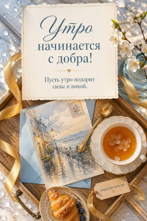 Деревянный поднос с чашкой чая с цветами, круассаном, ложечкой и акварельной открыткой ночного города