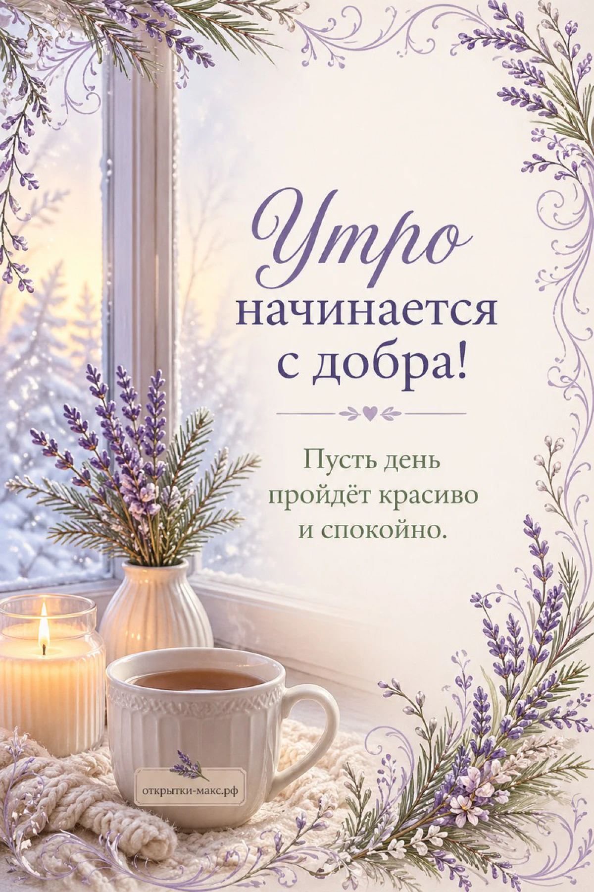 Белая кружка с чаем и ветки лаванды у заснеженного окна, рядом горящая свеча и еловые ветки