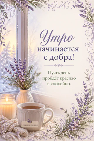 Белая кружка с чаем и ветки лаванды у заснеженного окна, рядом горящая свеча и еловые ветки