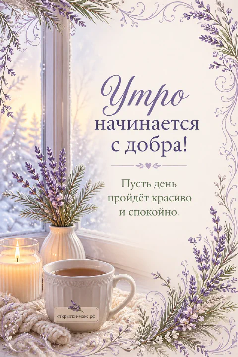 Белая кружка с чаем и ветки лаванды у заснеженного окна, рядом горящая свеча и еловые ветки