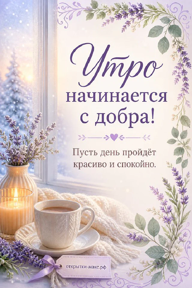 Белая кружка с чаем и ветки лаванды у заснеженного окна, рядом горящая свеча и еловые ветки — вариант 3