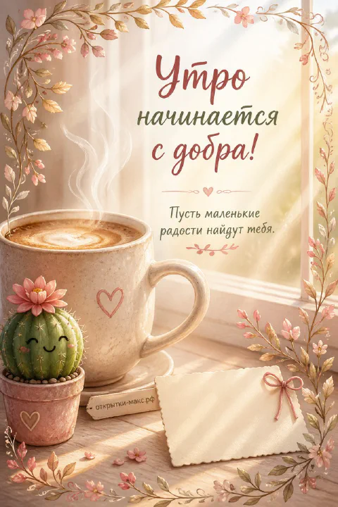 Большая кружка латте с пенкой и кактус с розовым цветком на подоконнике у окна в цветочной рамке