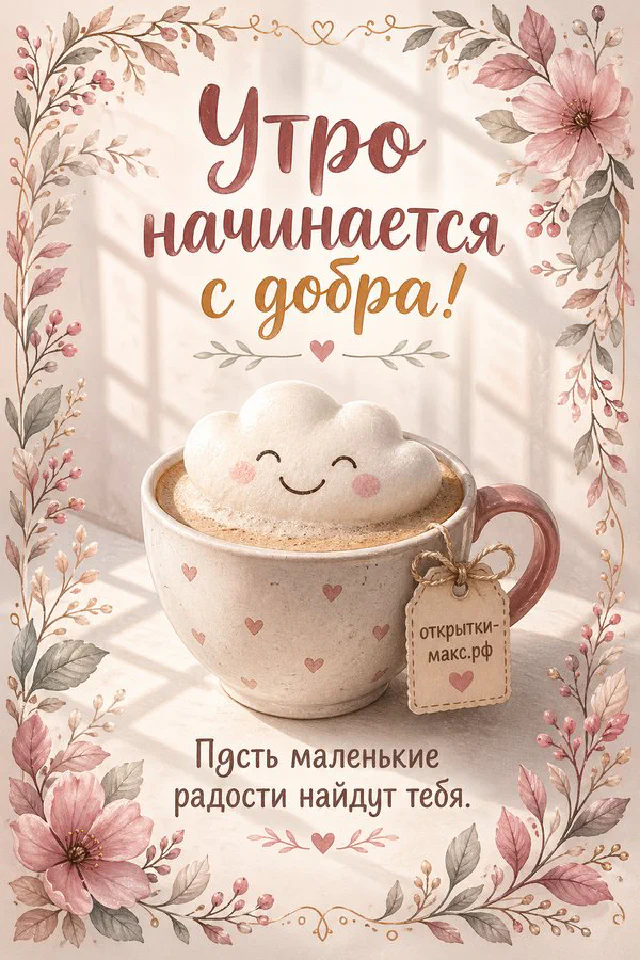 Большая кружка латте с пенкой и кактус с розовым цветком на подоконнике у окна в цветочной рамке — вариант 2