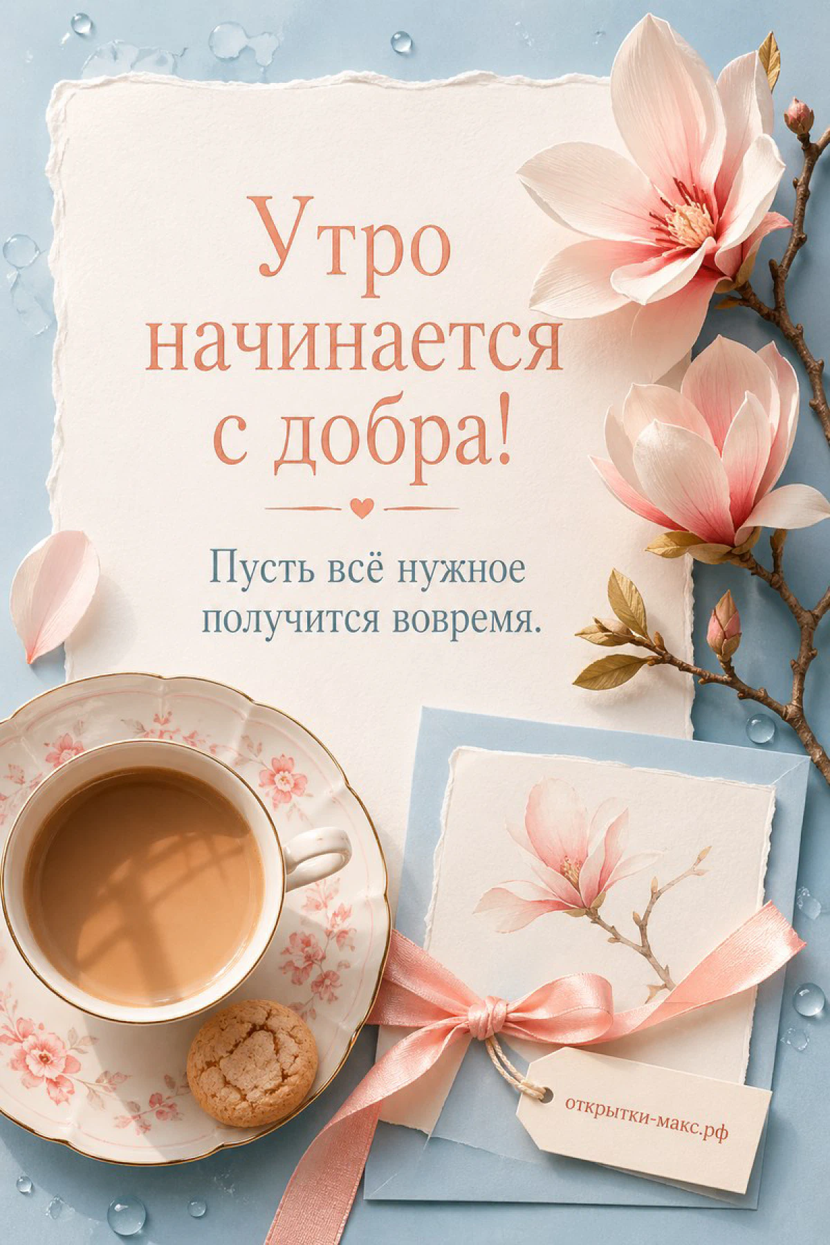 Фарфоровая чашка кофе с печеньем и ветвь розовой магнолии рядом с открыткой на голубом фоне с каплями