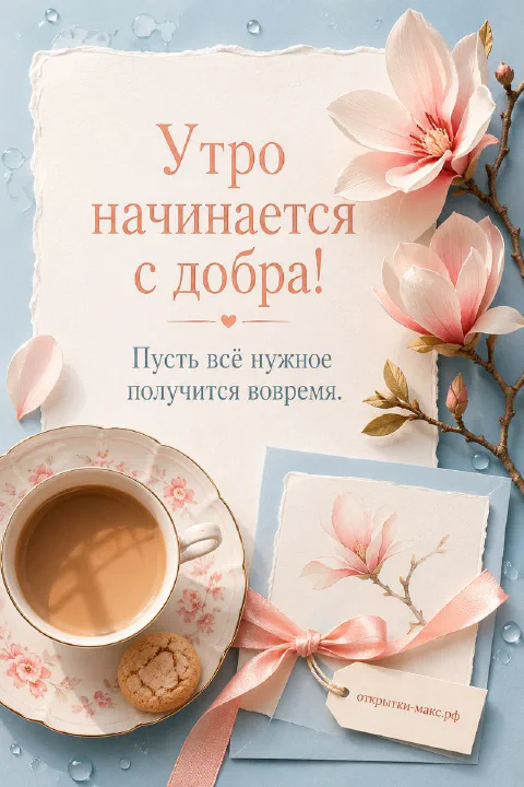 Фарфоровая чашка кофе с печеньем и ветвь розовой магнолии рядом с открыткой на голубом фоне с каплями