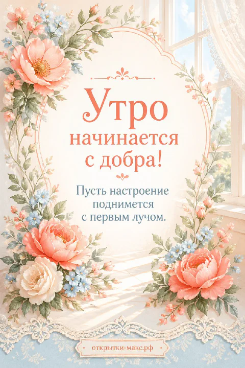 Розовые пионы и голубые незабудки в ажурной кружевной рамке на светлом фоне с видом на окно