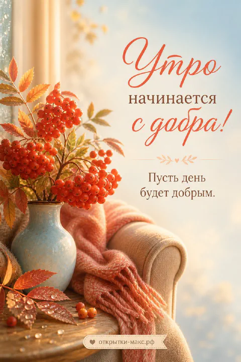 Ваза с ветками рябины и оранжевыми листьями рядом с бежевым креслом и розовым пледом у окна