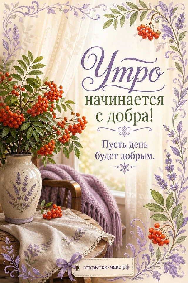 Ваза с ветками рябины и оранжевыми листьями рядом с бежевым креслом и розовым пледом у окна — вариант 3