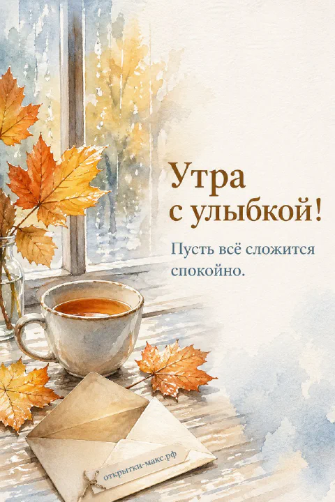 Акварельная сцена: чашка чая с конвертом и жёлтые кленовые листья на подоконнике у окна с дождём