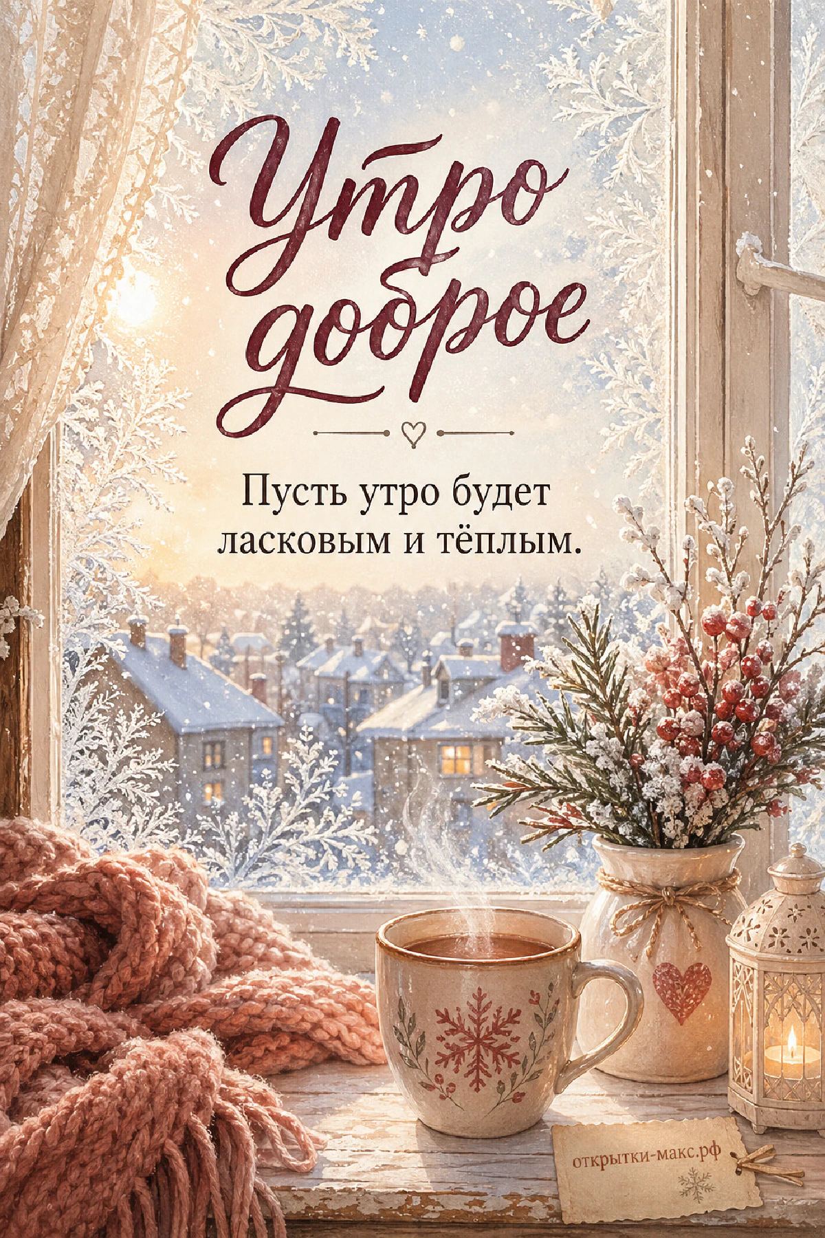 Кружка с узором снежинки, заснеженные еловые веточки, белый керамический фонарик и горящая свеча у морозного окна с заснеженным городом