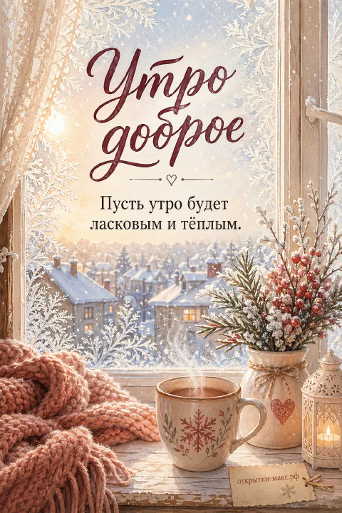 Кружка с узором снежинки, заснеженные еловые веточки, белый керамический фонарик и горящая свеча у морозного окна с заснеженным городом