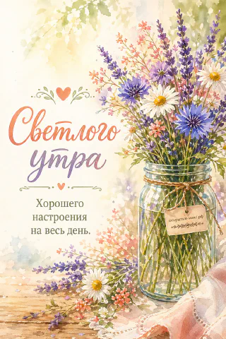 Акварельный пышный букет из лаванды, белых ромашек, синих васильков и мелких розовых цветов в стеклянной банке с джутом