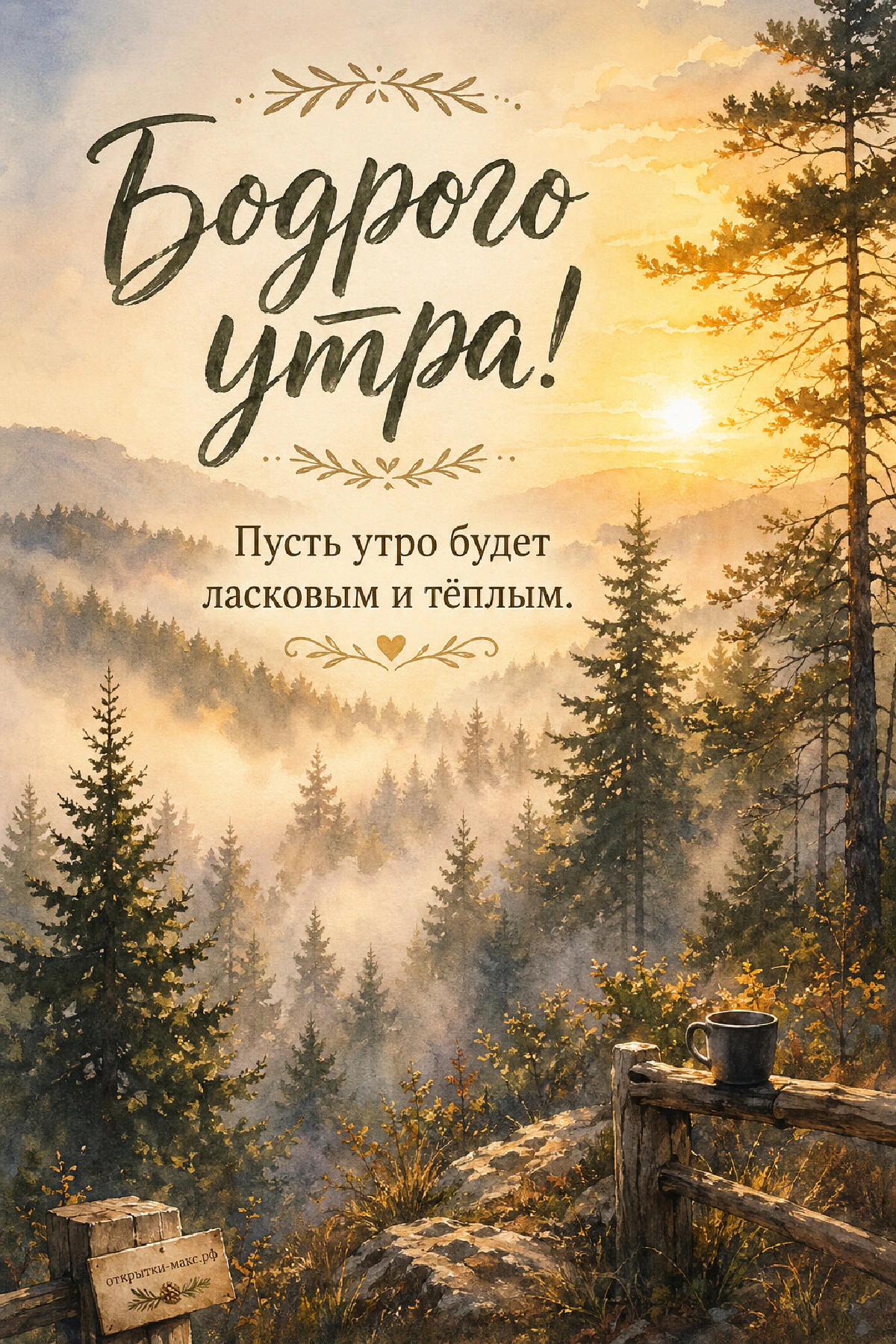 Акварельный горный хвойный лес в утреннем тумане с золотым рассветом и металлической кружкой на деревянном заборчике