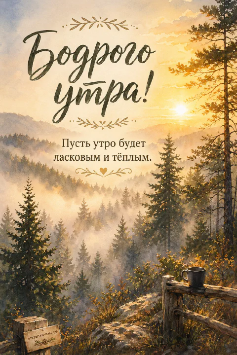Акварельный горный хвойный лес в утреннем тумане с золотым рассветом и металлической кружкой на деревянном заборчике