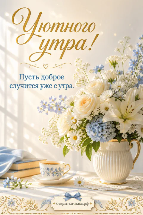 Белый букет с гортензиями и лилиями в кувшине рядом с чашкой кофе и надписью «Уютного утра»