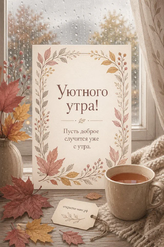 Белый букет с гортензиями и лилиями в кувшине рядом с чашкой кофе и надписью «Уютного утра» — вариант 2