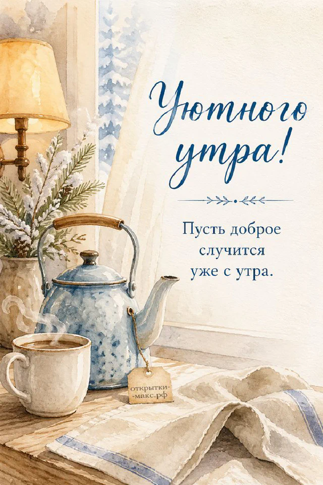 Белый букет с гортензиями и лилиями в кувшине рядом с чашкой кофе и надписью «Уютного утра» — вариант 3