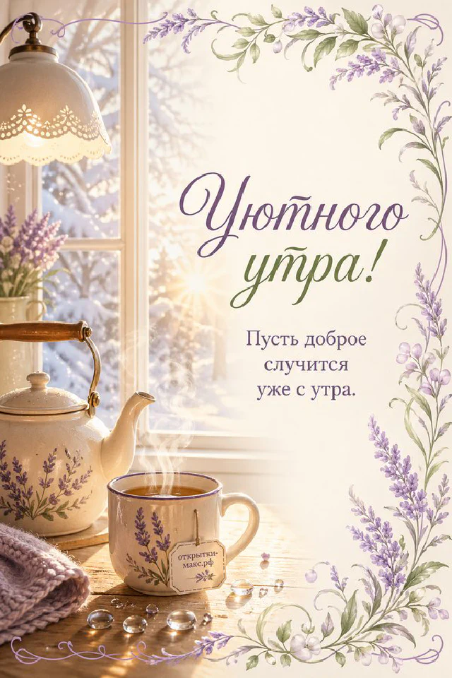 Белый букет с гортензиями и лилиями в кувшине рядом с чашкой кофе и надписью «Уютного утра» — вариант 4