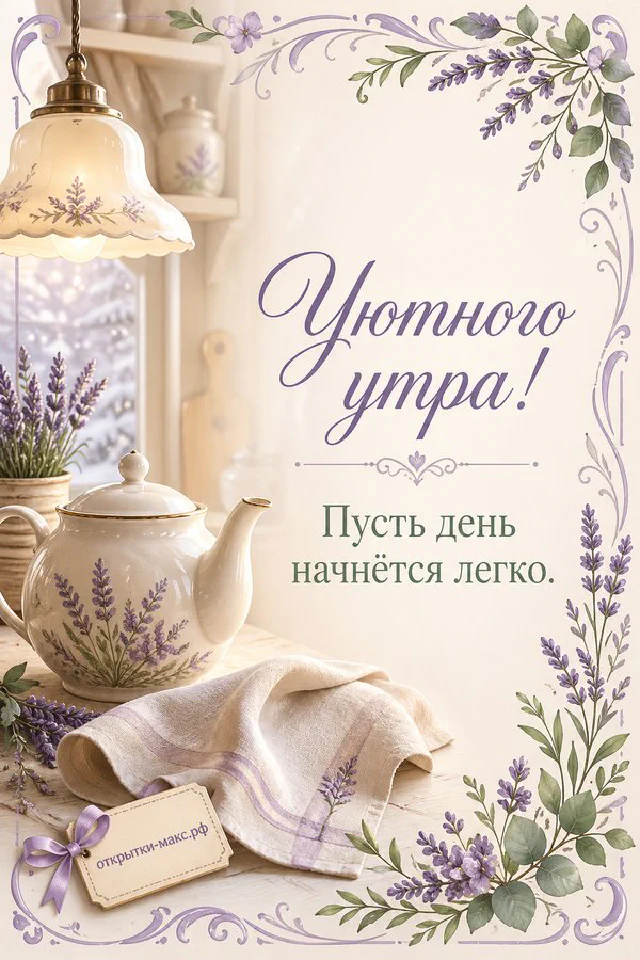 Букет белых и сиреневых роз с веточками лаванды в вазе у окна и две сиреневые чашки на блюдцах с сердечками — вариант 7