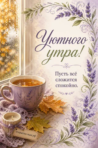 Чашка чая с лавандовой росписью и кленовый лист у окна с каплями дождя