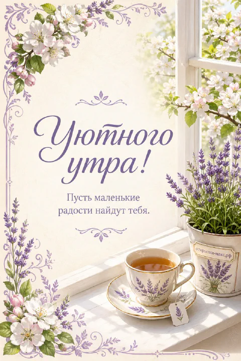Чашка чая среди весенних цветов на мягком фоне, надпись «Уютного утра»