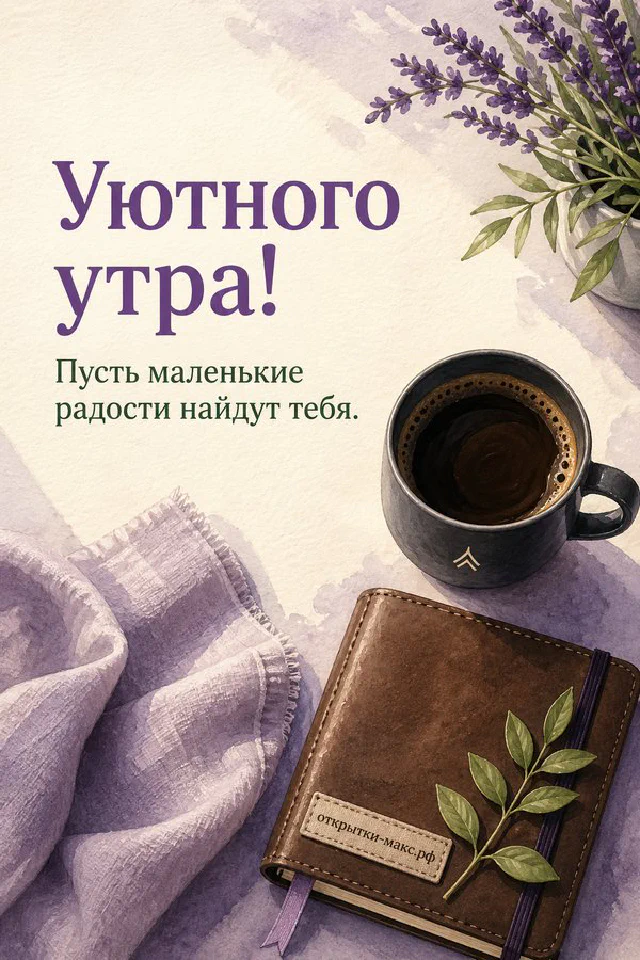 Чашка чая среди весенних цветов на мягком фоне, надпись «Уютного утра» — вариант 2