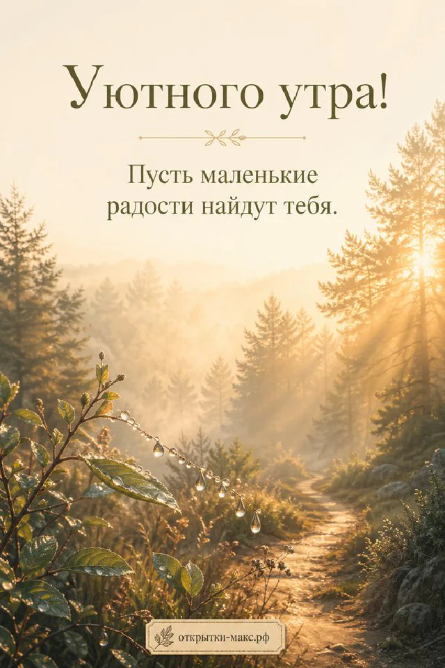 Чашка чая среди весенних цветов на мягком фоне, надпись «Уютного утра» — вариант 4