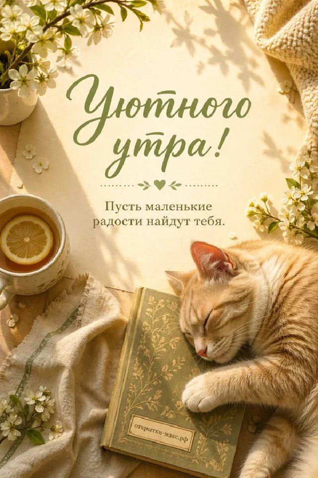 Чашка чая среди весенних цветов на мягком фоне, надпись «Уютного утра» — вариант 5
