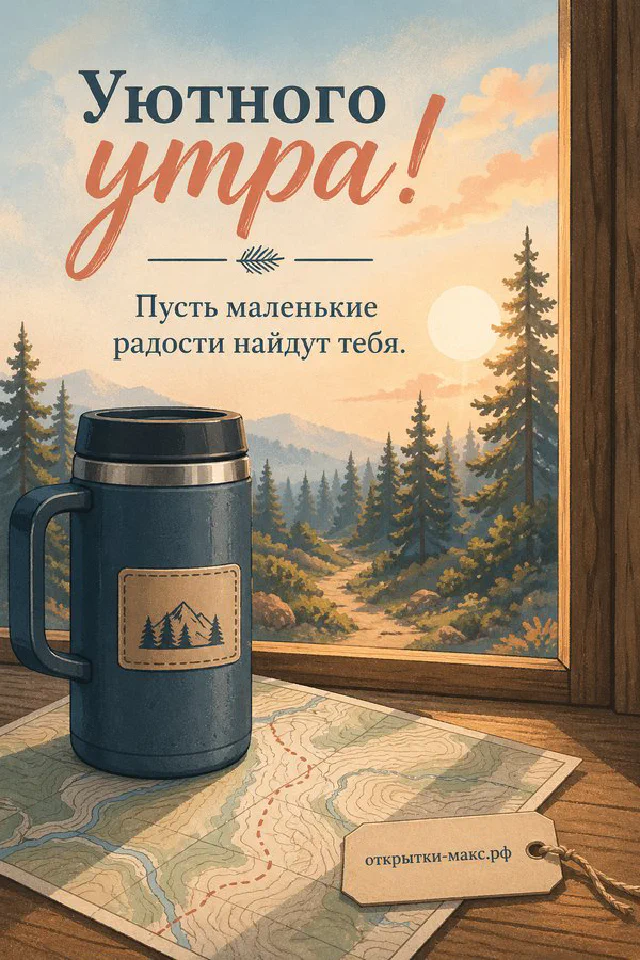 Чашка чая среди весенних цветов на мягком фоне, надпись «Уютного утра» — вариант 6