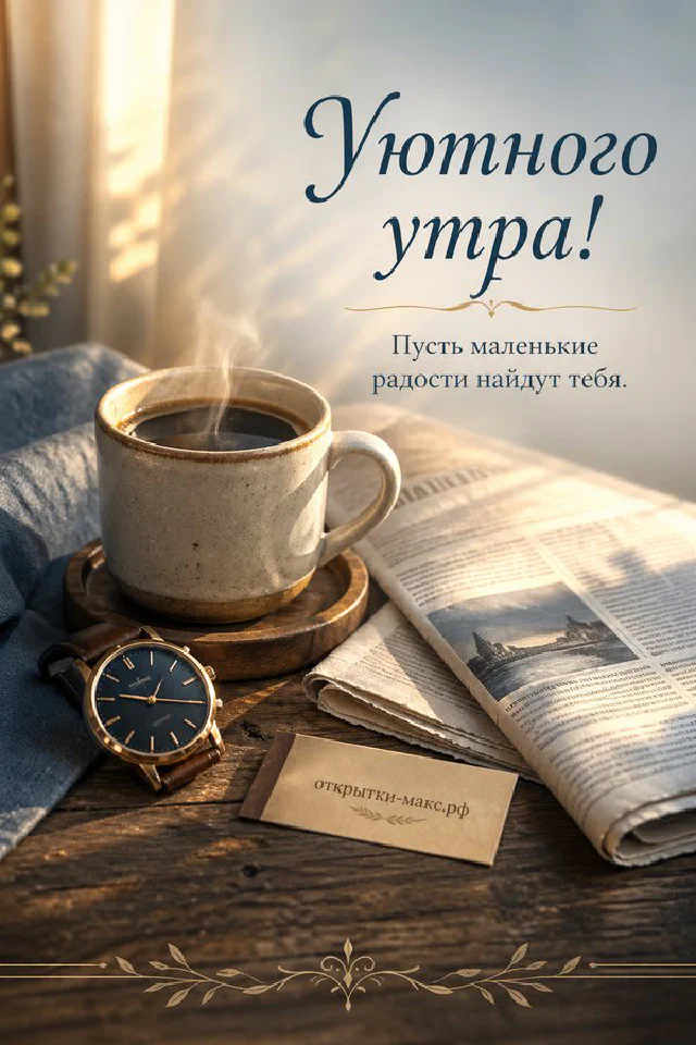 Чашка чая среди весенних цветов на мягком фоне, надпись «Уютного утра» — вариант 7
