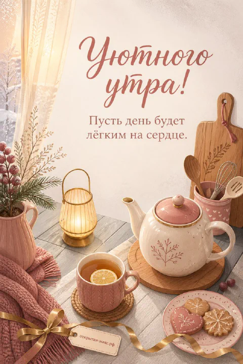 Розовый чайник с кружкой чая и имбирным печеньем на деревянном столе рядом с фонарём у зимнего окна