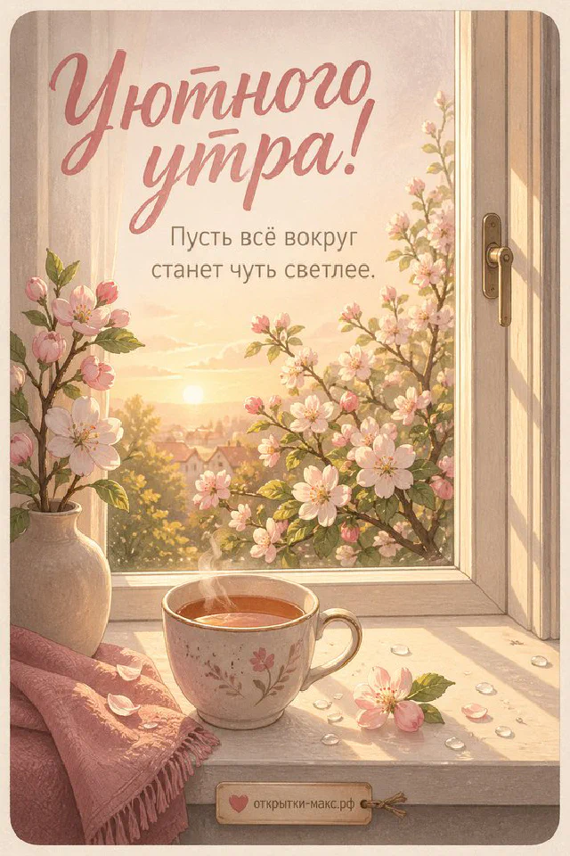 Дымящаяся чашка чая с лавандой у заснеженного окна, рядом фонарь и вязаный плед, надпись «Уютного утра!» — вариант 6