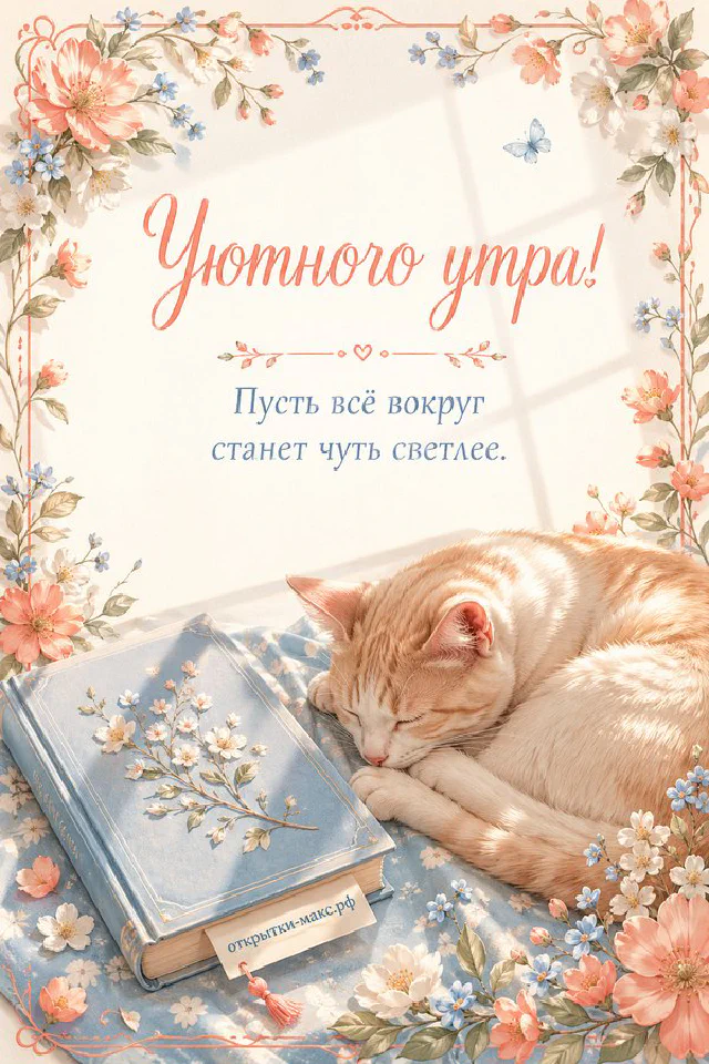 Дымящаяся чашка чая с лавандой у заснеженного окна, рядом фонарь и вязаный плед, надпись «Уютного утра!» — вариант 7
