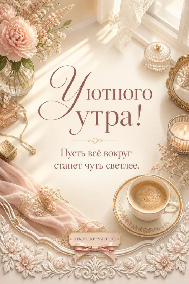 Дымящаяся чашка чая с лавандой у заснеженного окна, рядом фонарь и вязаный плед, надпись «Уютного утра!» — вариант 8